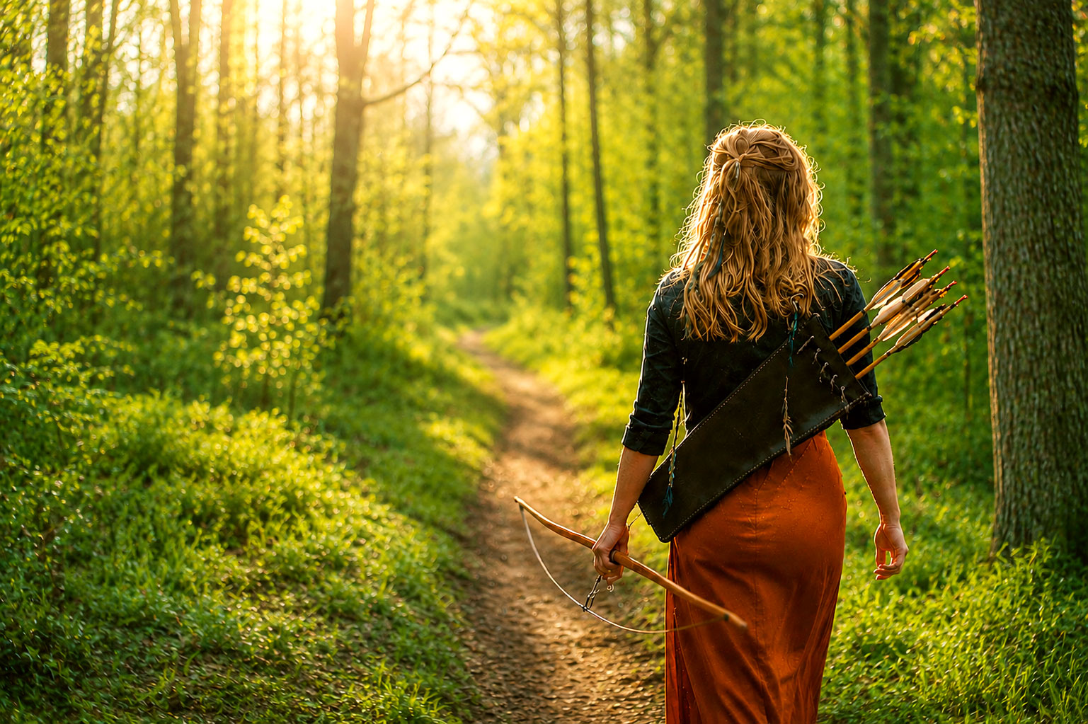 Eine Person mit Bogen und Pfeilen geht durch den Wald