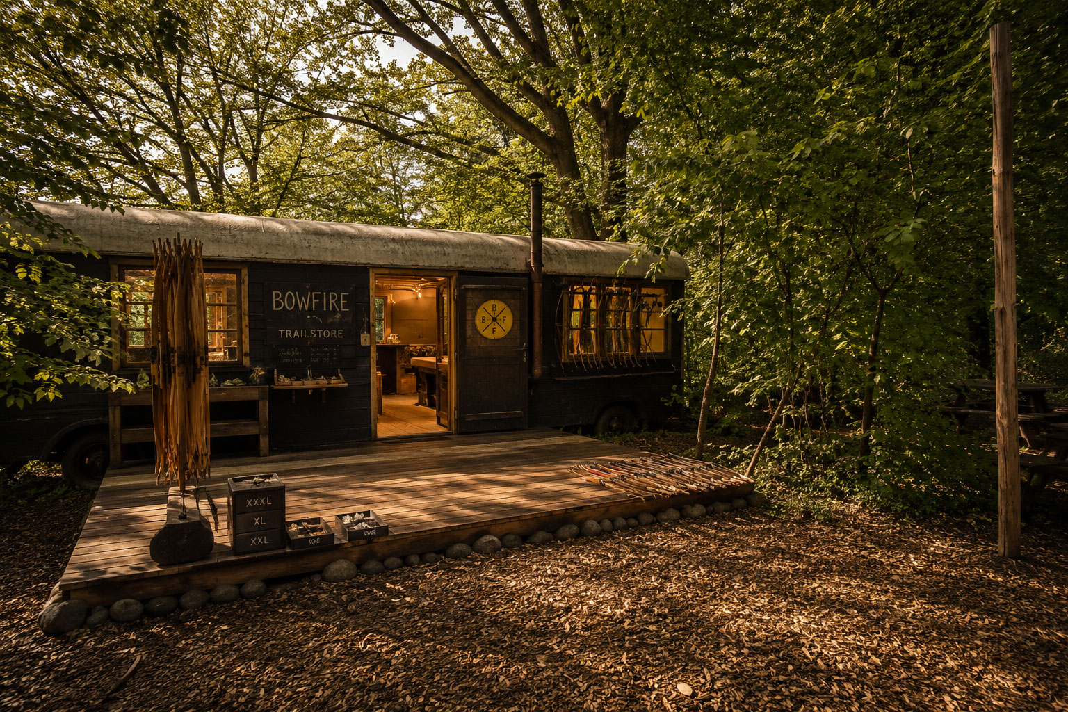 Bowfire Trailstore im ausgebauten Zirkuswagen