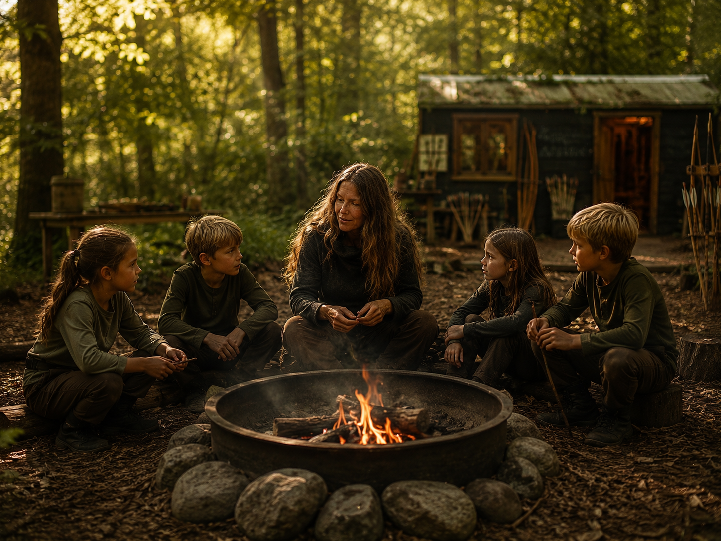 Kinder sitzen mit Maaren am Feuer
