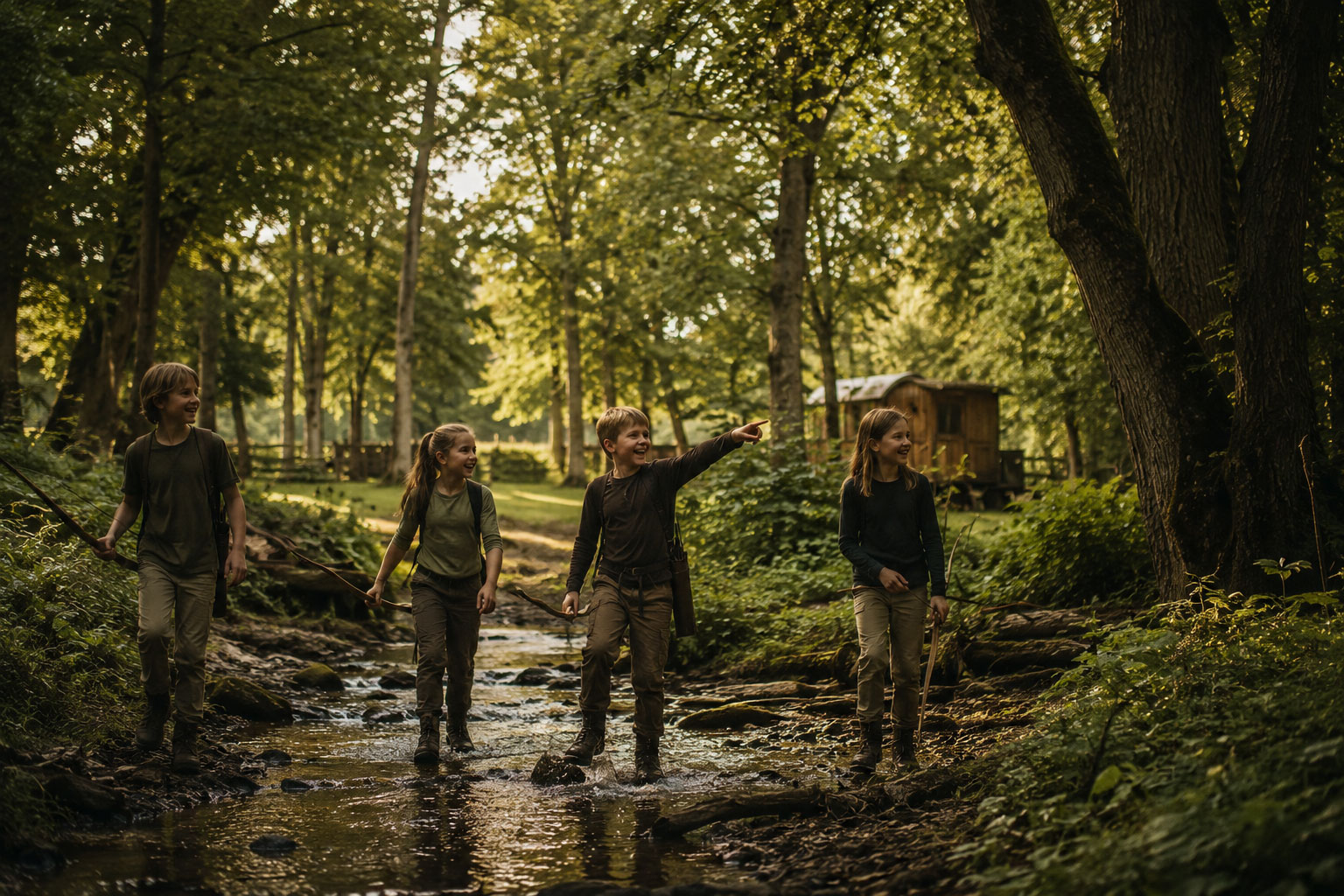 Kinder laufen mit Bögen durch den Wald