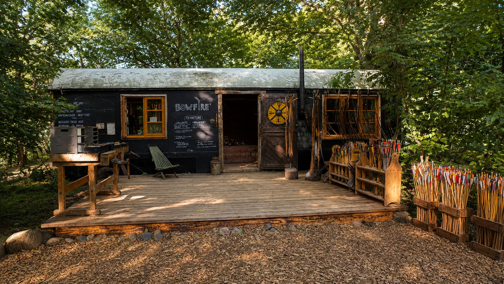 Der Bowfire Trailstore im Wald auf Gut Quarnbek