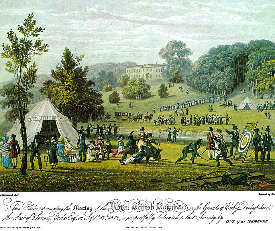 Historische Darstellung der Royal British Bowmen beim Bogenschießen im Jahr 1823