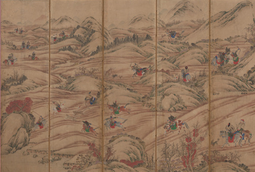 Historische koreanische Bogenschützen in einer Jagdszene aus der Joseon-Dynastie